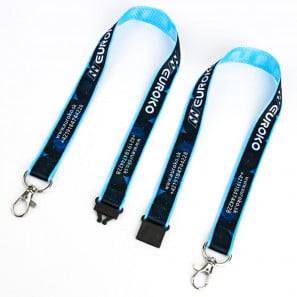 Custom premium lanyard with double carabiner and safety breakaway