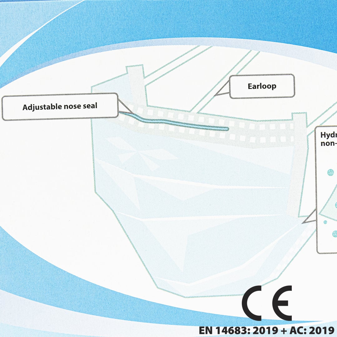 Barrette nasale ajustable et élastiques auriculaires pour un confort optimal.