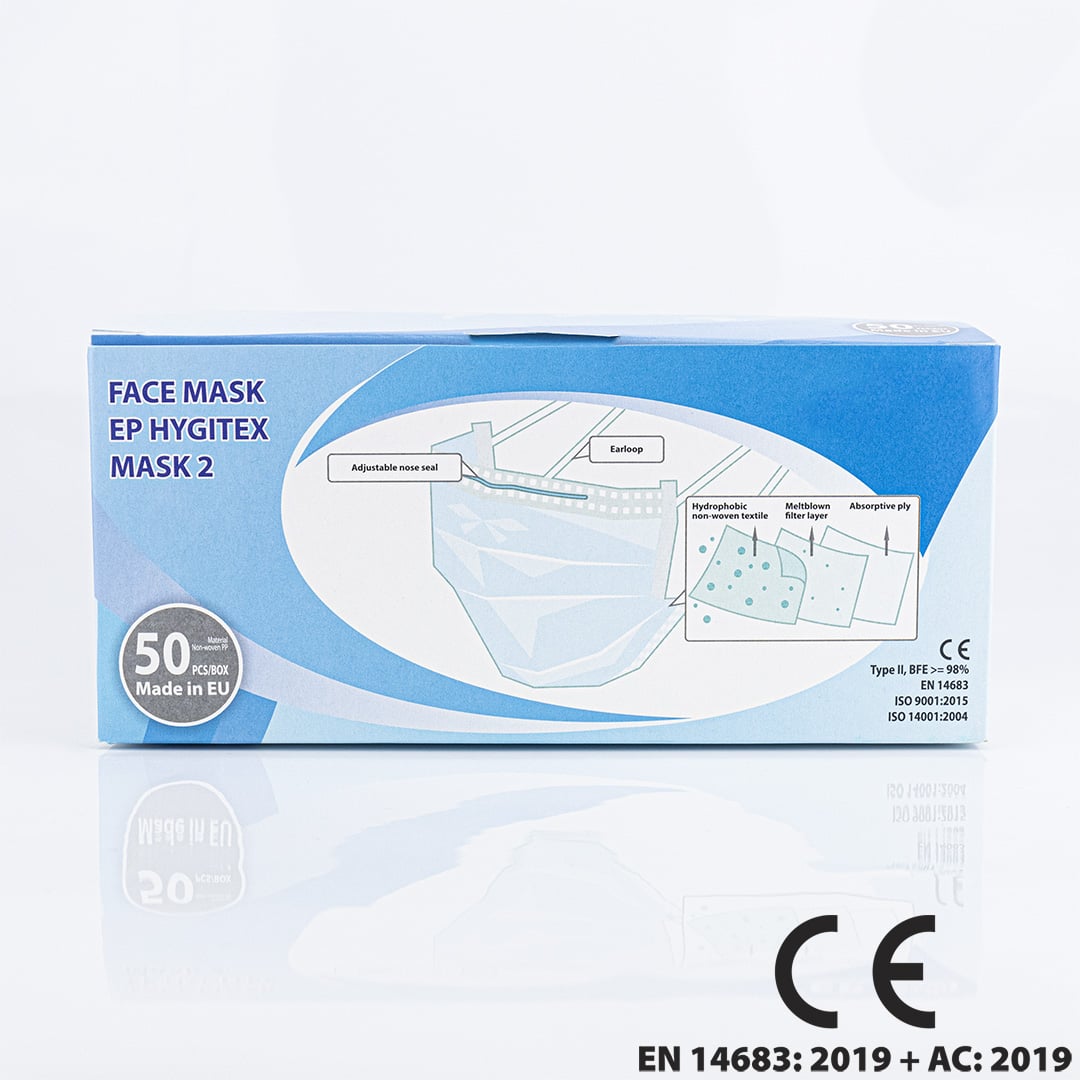 Certification Type II avec BFE ≥98% selon normes européennes EN 14683.